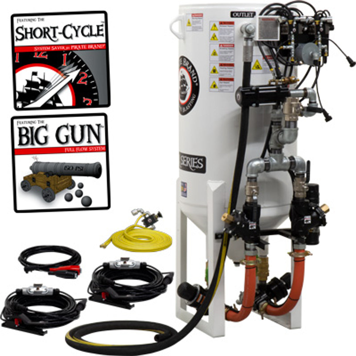 Pirate Brand, S-Series, Short-Cycle™ Series - 10 CU FT., DOUBLE OUTLET W/ ABRASIVE CUT-OFF (Cord Mounted) - Blast Pot, STATIONARY, Pressure RELEASE System, 12VDC Electric Controls