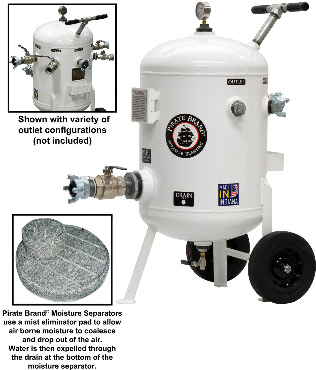 Pirate Brand - Schmidt Mfg Style, Moisture Separator 1600 CFM, Portable 150 PSI (10.3 BAR), (1) 4 Lug w/Ball Valve Inlet x (1) 4 Lug Outlet