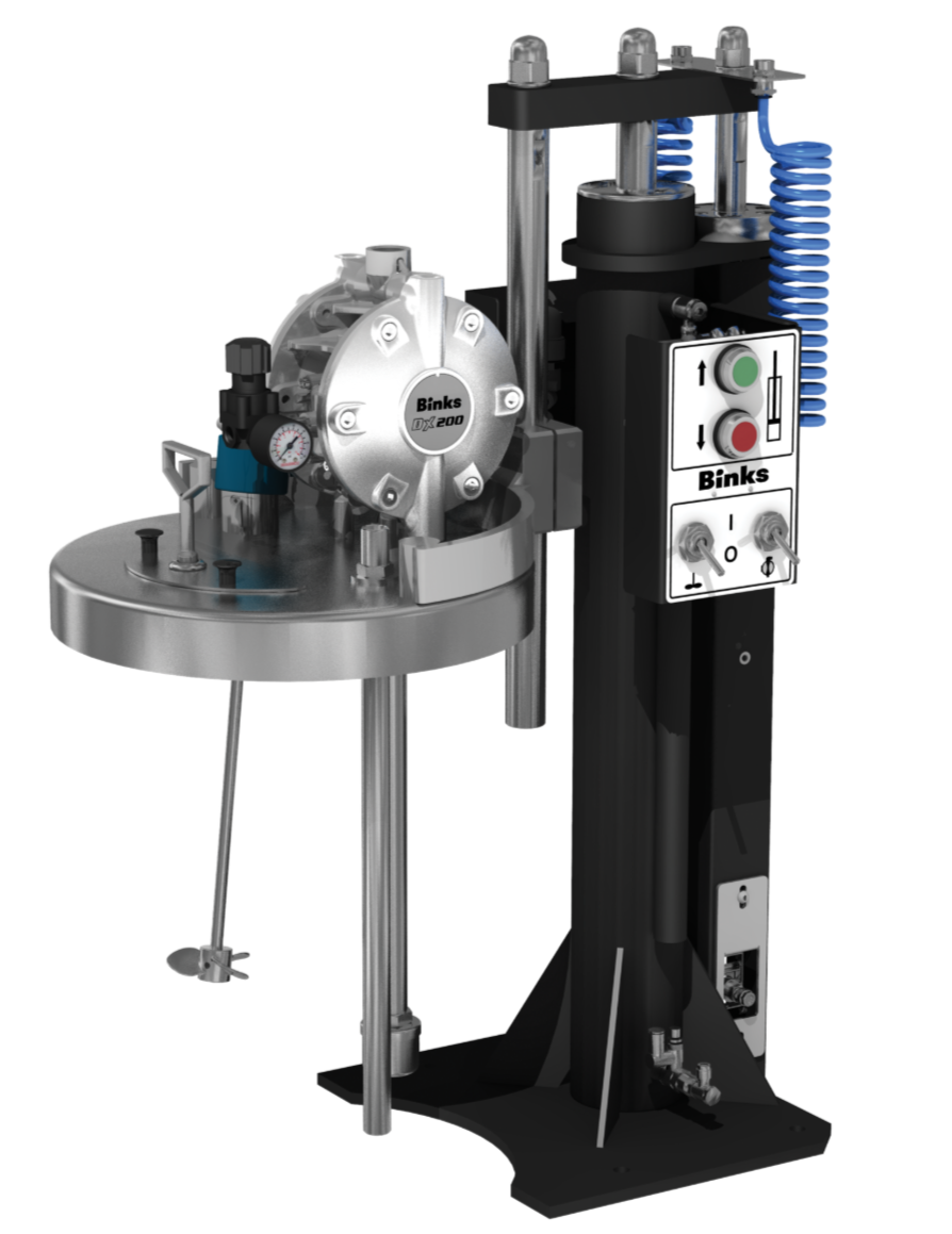 Binks Premium Elevator Systems, 5Gal, RH Controls, Rotory Piston Agitator, DX200 STST