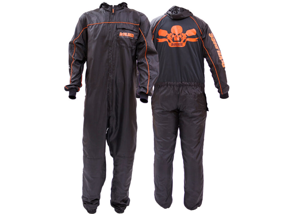 DeVilbiss Premium Black Coverall spray suit front and back view with orange trim - Total Finishing Supplies