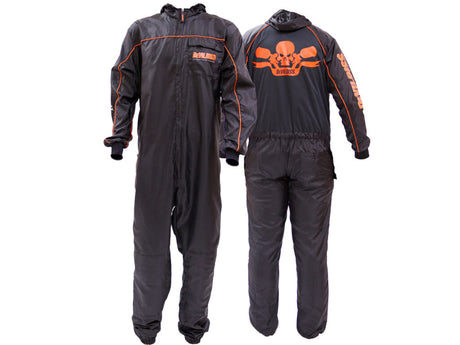 DeVilbiss Premium Black Coverall spray suit front and back view with orange trim - Total Finishing Supplies