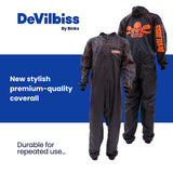 DeVilbiss Premium Black Coverall spray suit front and back view with branding - Total Finishing Supplies