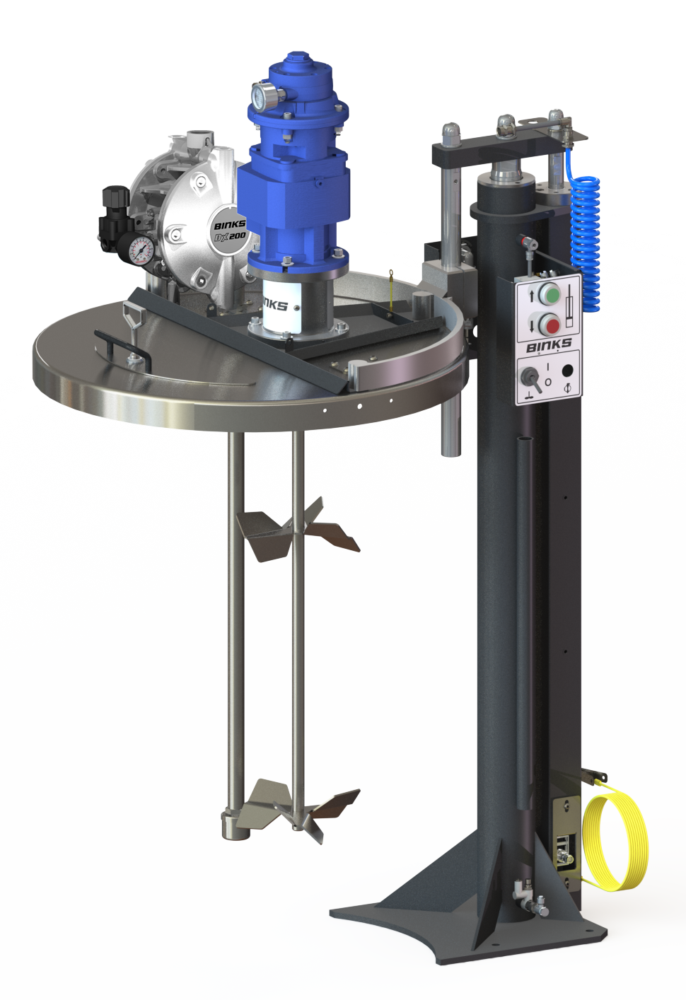Sistemas de elevadores Binks Premium, 55 galones, controles RH, agitador de pistón rotatorio, bomba DX200SN-1 y tubo de retorno 
