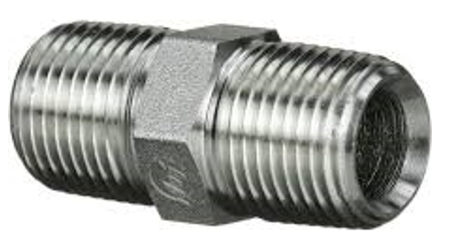 Adaptador recto de boquilla hexagonal de 1/2" M.NPT x 1/2" M.NPT
