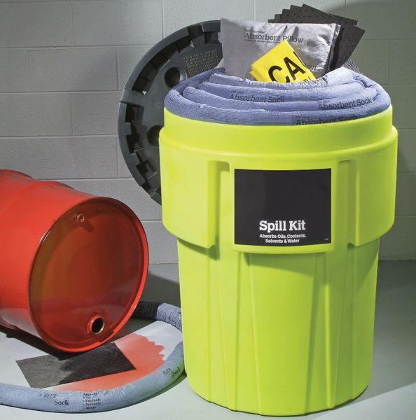 Spill Kit In 95-Gallon High-Visibility Container Absorbs Up To 60 Gal. Oils Coolants Solvents Water
